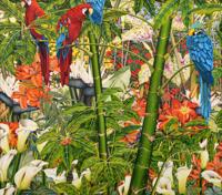 Jeanine Hough Painting, Tropical Flora & Macaws - Sold for $2,688 on 05-06-2023 (Lot 127).jpg